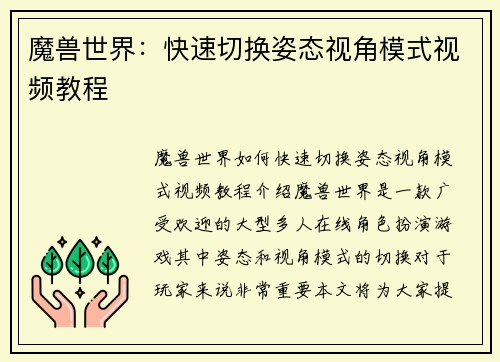 魔兽世界：快速切换姿态视角模式视频教程